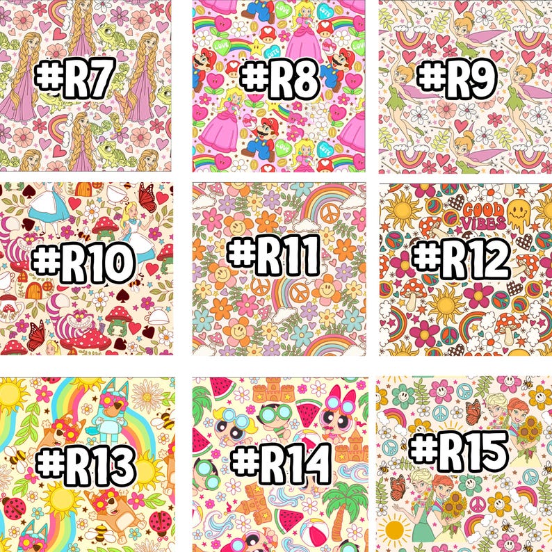 May include: A collage of 15 different colourful patterns, each with a unique design. The patterns include rainbows, flowers, cartoon characters, and other whimsical elements. Each pattern is labelled with a number, from #R7 to #R15.
