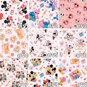 Puede incluir: Nueve dise&ntilde;os de tela diferentes en rosa y blanco con varios personajes de Disney, incluidos Mickey Mouse, Minnie Mouse, Stitch y Winnie the Pooh. Los dise&ntilde;os incluyen corazones, flores y otros elementos con tem&aacute;tica del D&iacute;a de San Valent&iacute;n.
