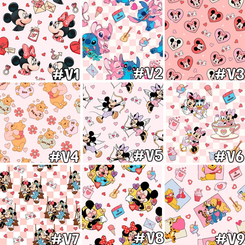 Puede incluir: Nueve dise&ntilde;os de tela diferentes en rosa y blanco con varios personajes de Disney, incluidos Mickey Mouse, Minnie Mouse, Stitch y Winnie the Pooh. Los dise&ntilde;os incluyen corazones, flores y otros elementos con tem&aacute;tica del D&iacute;a de San Valent&iacute;n.