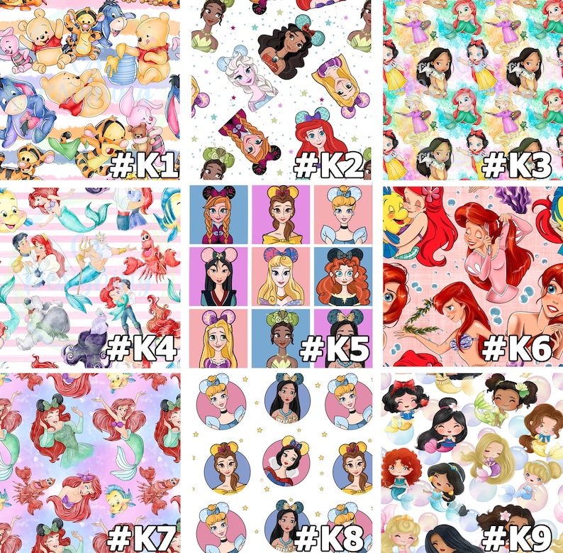 May include: Nine different digital paper designs featuring Disney princesses and characters. Each design features a different princess or character, including Ariel, Belle, Cinderella, Elsa, Jasmine, Mulan, Pocahontas, Rapunzel, and Snow White. The designs are perfect for scrapbooking, card making, and other crafting projects.