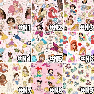 May include: Nine different fabric designs featuring various Disney princesses, including Cinderella, Ariel, Snow White, and Elsa. Each design is on a pink background with white stars and flowers.