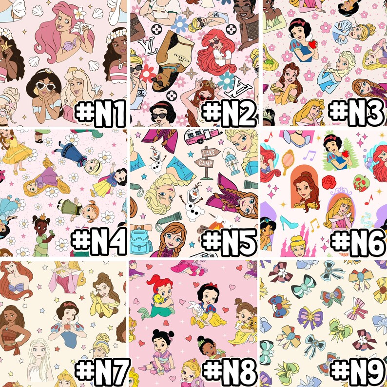 May include: Nine different fabric designs featuring various Disney princesses, including Cinderella, Ariel, Snow White, and Elsa. Each design is on a pink background with white stars and flowers.