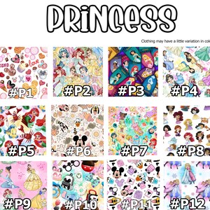 May include: Twelve different fabric designs featuring Disney princesses, Mickey Mouse, and other characters. The designs are arranged in a grid with a number and hashtag below each design. The text "PRINCESS" is at the top of the image. The text "Clothing may have a little variation in color." is at the bottom of the image.