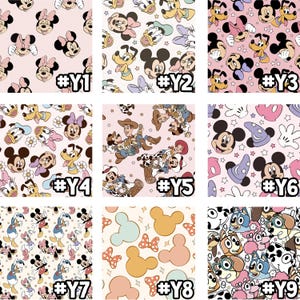 May include: Nine different digital paper designs featuring various Disney characters, including Mickey Mouse, Minnie Mouse, Donald Duck, Goofy, and characters from Toy Story. Each design is on a pink or cream background with stars and other decorative elements.