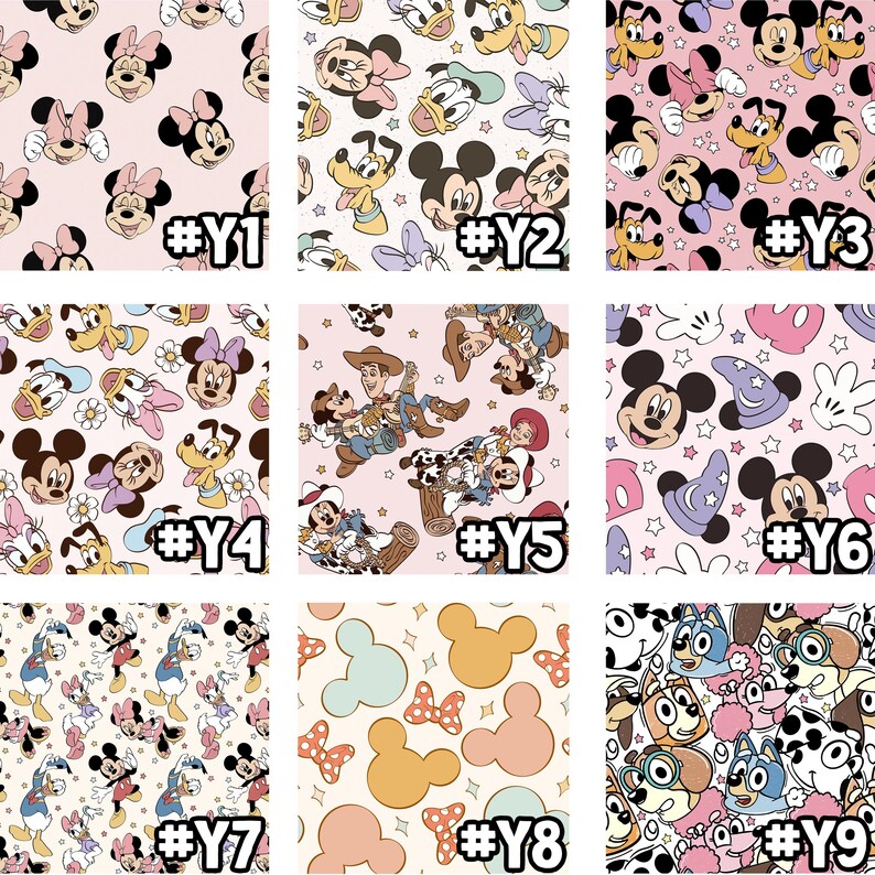 May include: Nine different digital paper designs featuring various Disney characters, including Mickey Mouse, Minnie Mouse, Donald Duck, Goofy, and characters from Toy Story. Each design is on a pink or cream background with stars and other decorative elements.