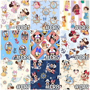 May include: A collection of nine fabric patterns featuring Disney characters in nautical themes. Designs include Mickey and Minnie Mouse, Donald Duck, and Disney princesses, with anchors, steering wheels, and the text "#CR1" through "#CR9".