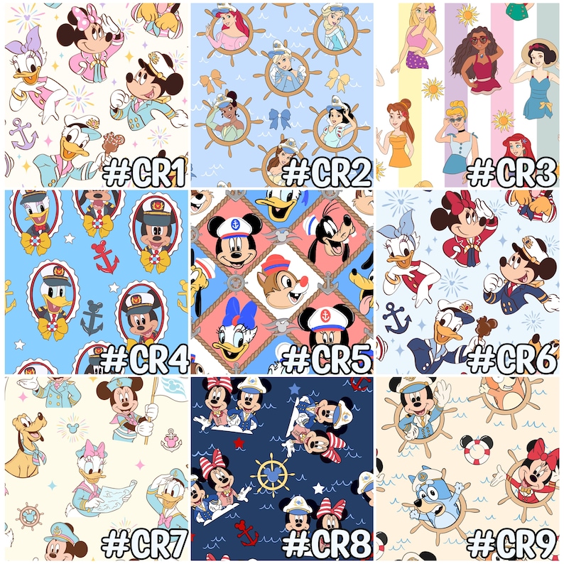 May include: A collection of nine fabric patterns featuring Disney characters in nautical themes. Designs include Mickey and Minnie Mouse, Donald Duck, and Disney princesses, with anchors, steering wheels, and the text "#CR1" through "#CR9".