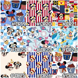 May include: A collection of fabric patterns featuring cartoon characters and nautical themes. Designs include cupcakes, Mickey Mouse, Minnie Mouse, Donald Duck, Daisy Duck, and Pluto. Colors include red, blue, white, and yellow. Some patterns have text like "CRUISE" and "SET SAIL".