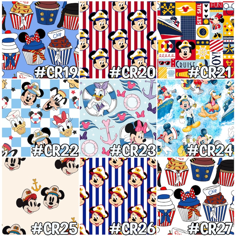 May include: A collection of fabric patterns featuring cartoon characters and nautical themes. Designs include cupcakes, Mickey Mouse, Minnie Mouse, Donald Duck, Daisy Duck, and Pluto. Colors include red, blue, white, and yellow. Some patterns have text like "CRUISE" and "SET SAIL".