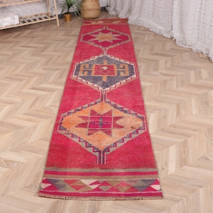 2.4x11.1 ft Rug, Turkish Vintage Rug, Red Blue Oriental Wool Rug