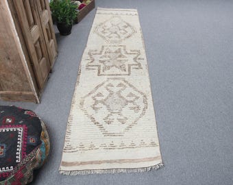 Alfombra turca de pasillo de 2,3 x 9,7 pies, alfombra marroquí de lana blanca y marrón.