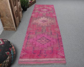 Vintage Turkish Area Rug, Pink Geometric Pattern, 3x10ft, Exotic Home Decor Runner