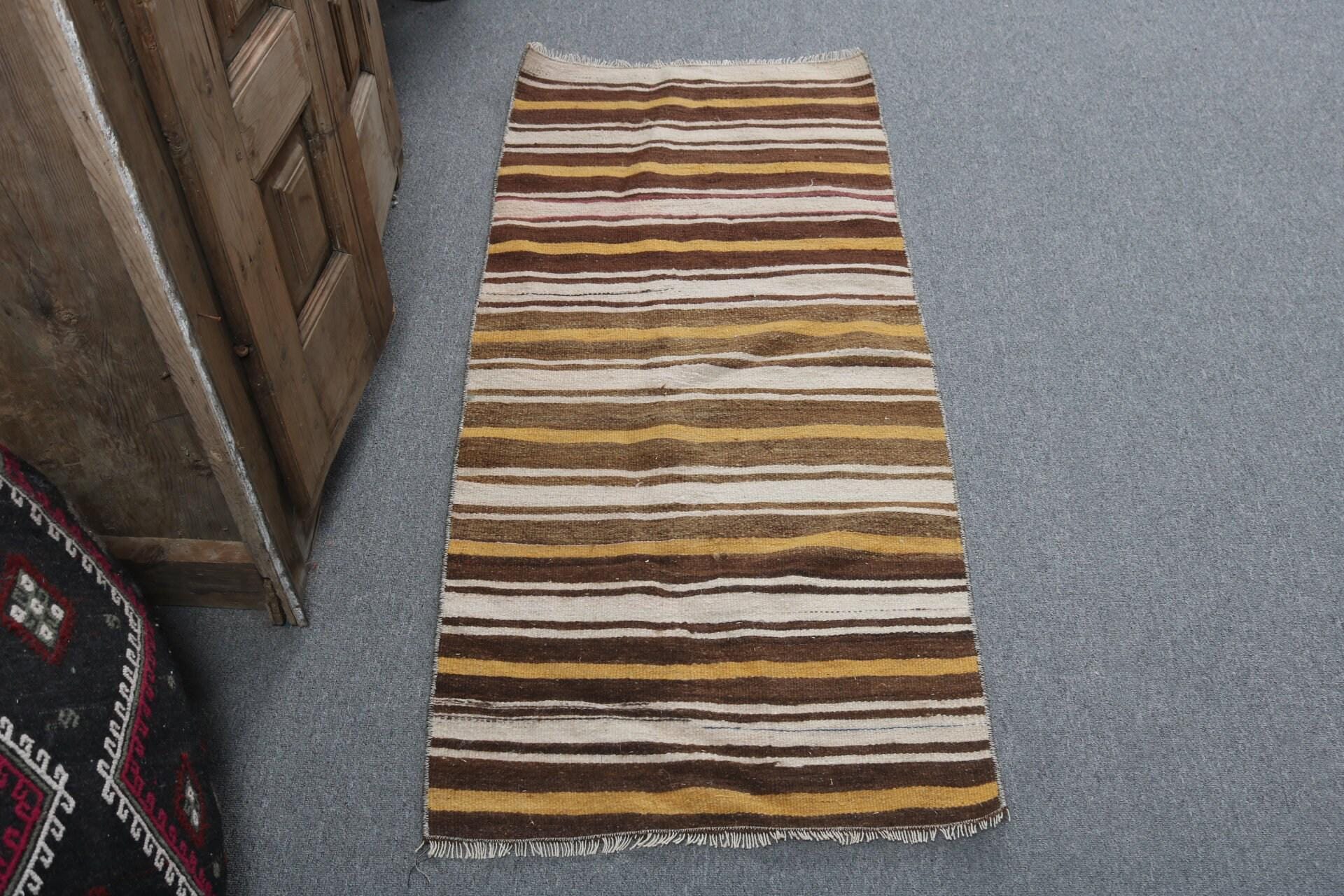 Striped Turkish Kilim, Vintage Rug, Small Kilim, Brown Wool Kilim