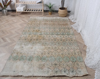 4.5x8.1 ft Turkish Rug, Vintage Area Rug, Green Brown Floral Wool Rug