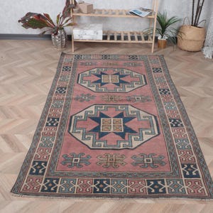 Vintage Turkish Rug, Area Carpet, Pink and Blue Geometric Design, 4x7ft Handmade Decor, Traditional Home Accent