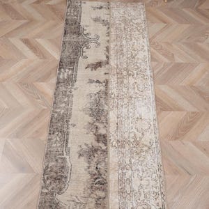 Turkish Runner Rug, Vintage Rug, Oushak Rug, 2x6ft Brown Rug, Kitchen Rug, Hallway Rug, Patchwork Design, Handmade Wool Rug, Distressed Look