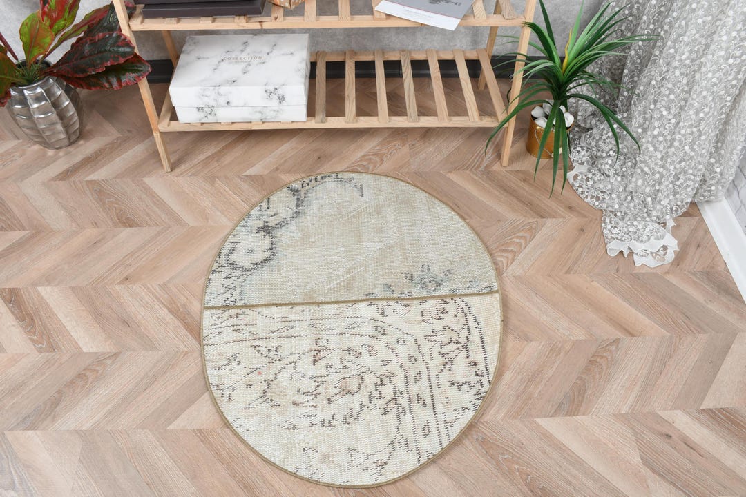 4x3 Rounded Vintage Round Rug 2.4x3 Ft, Turkish Oushak Brown Southwestern Wool Rug ...