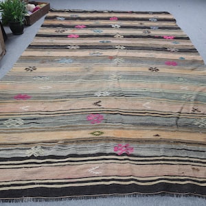 Vintage Turks kelimtapijt, handgeweven wollen tapijt, kleurrijk etnisch ontwerp, 7 x 12 ft, gestreepte boho-stijl, groot vloerkleed, woondecoratie,