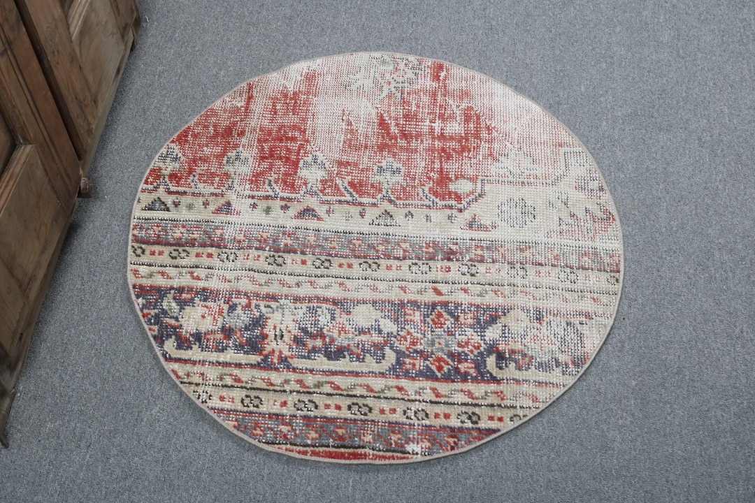 3x3 Ft Round Turkish Rug, Vintage Style, Red Accent, Antique Inspired ...