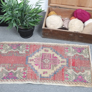 Small Rug, Vintage Rug, Turkish Rug, Oushak Rugs, 1.6x3 ft, Rugs For Bathroom, Red Colorful Rug, Small Anatolian Rug, Door Mat Rug, 2684