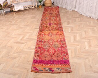 Vintage Turkish Runner Rug, 2x12ft Handwoven, Vibrant Orange and Pink Geometric Patterns, Bohemian Decor, Unique Home Accent