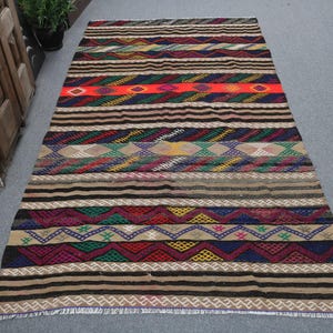 Vintage Turkish Area Rug, Colorful Geometric Patterns, Handwoven Kilim, Multicolor Stripes, 4x8ft