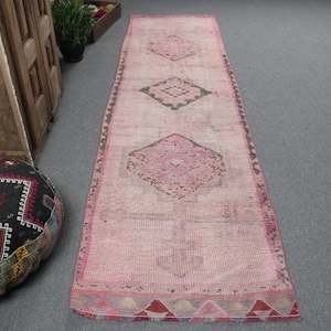 Vintage Turkish Runner Rug, Pink Geometric Design, 3x11ft, Bohemian Home Decor, Distressed Handmade Carpet, Unique Hallway Accent
