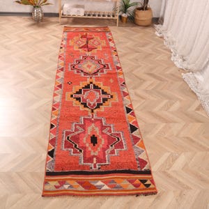 3x11 Runner Rug, Vintage Turkish Rug, Handmade Oushak, 2.7x10.7 ft Red Rug, Bohemian Runner, Kilim Rug,
