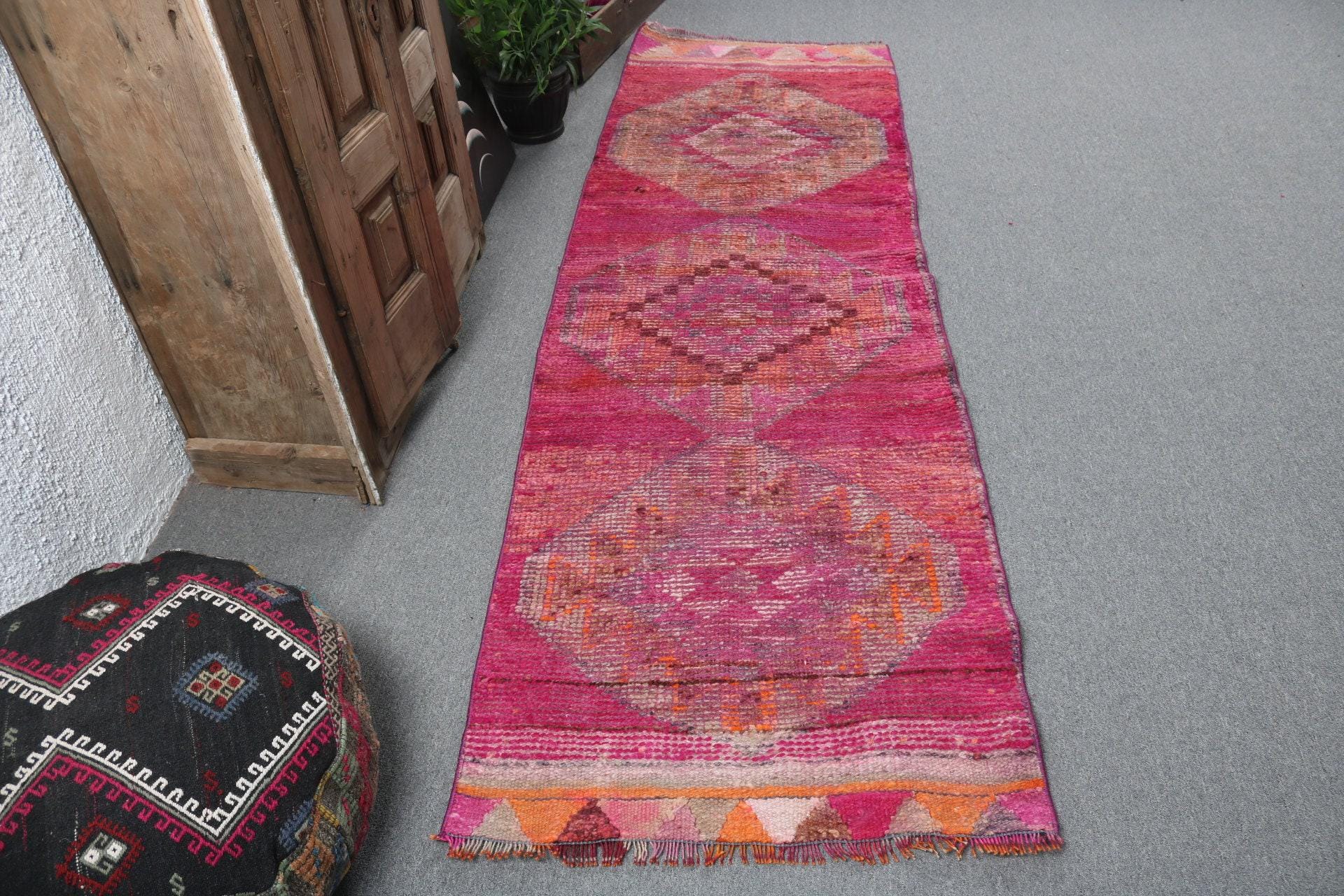 Turkish Rug, Handwoven Kilim, 3x9 ft Pink Rug, Vintage Anatolian Runner, Boho Hallway Decor, Turkish Floor Carpet, Custom Area Rug