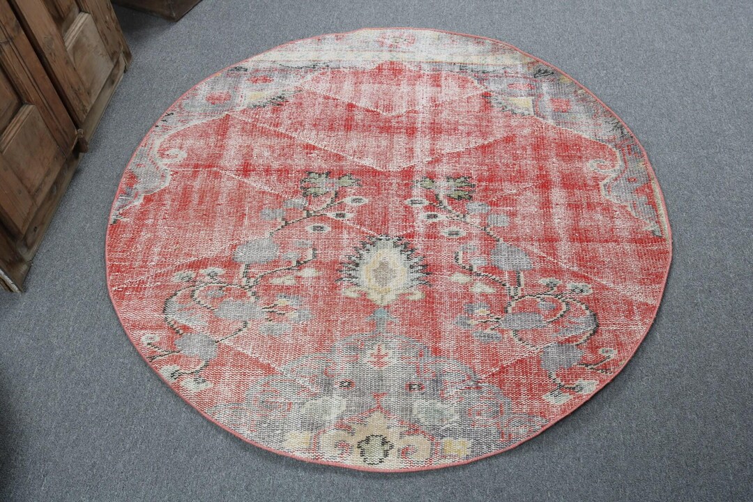 4.5x4.5 Ft Vintage Turkish Rug, Round Rug, Red Solid Rug - Etsy