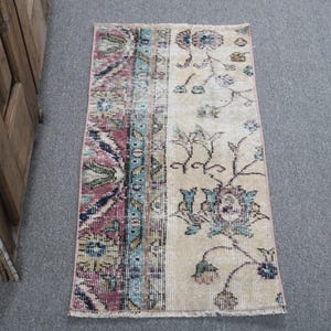 Vintage Turkish Rug, Handmade Door Mat, 1x3ft, Floral and Geometric Patterns, Pastel Multicolor Design
