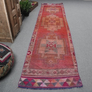 Vintage Turkish Runner Rug, 3x12ft, Rich Red and Pink Geometric Patterns, Handwoven Hallway Decor