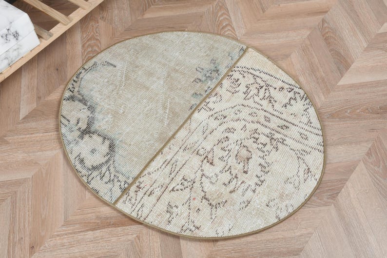 4x3 Rounded Vintage Round Rug 2.4x3 Ft, Turkish Oushak Brown Southwestern Wool Rug ...