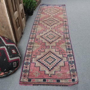 Vintage Turkish Runner Rug, 3x10 ft, Pink Hallway Rug, Bohemian Decor, Anatolian Carpet, Handwoven Floor Art, Ethnic Stair Runner,