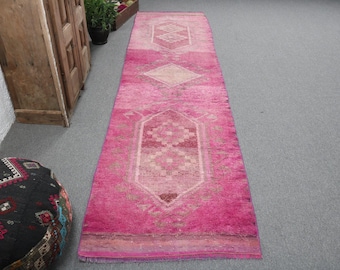 Vintage Turkish Runner Rug, Magenta Pink Geometric Design, 3x11ft, Unique Handmade Carpet Decor, Vibrant Floor Art Rug, Boho Hallway Runner