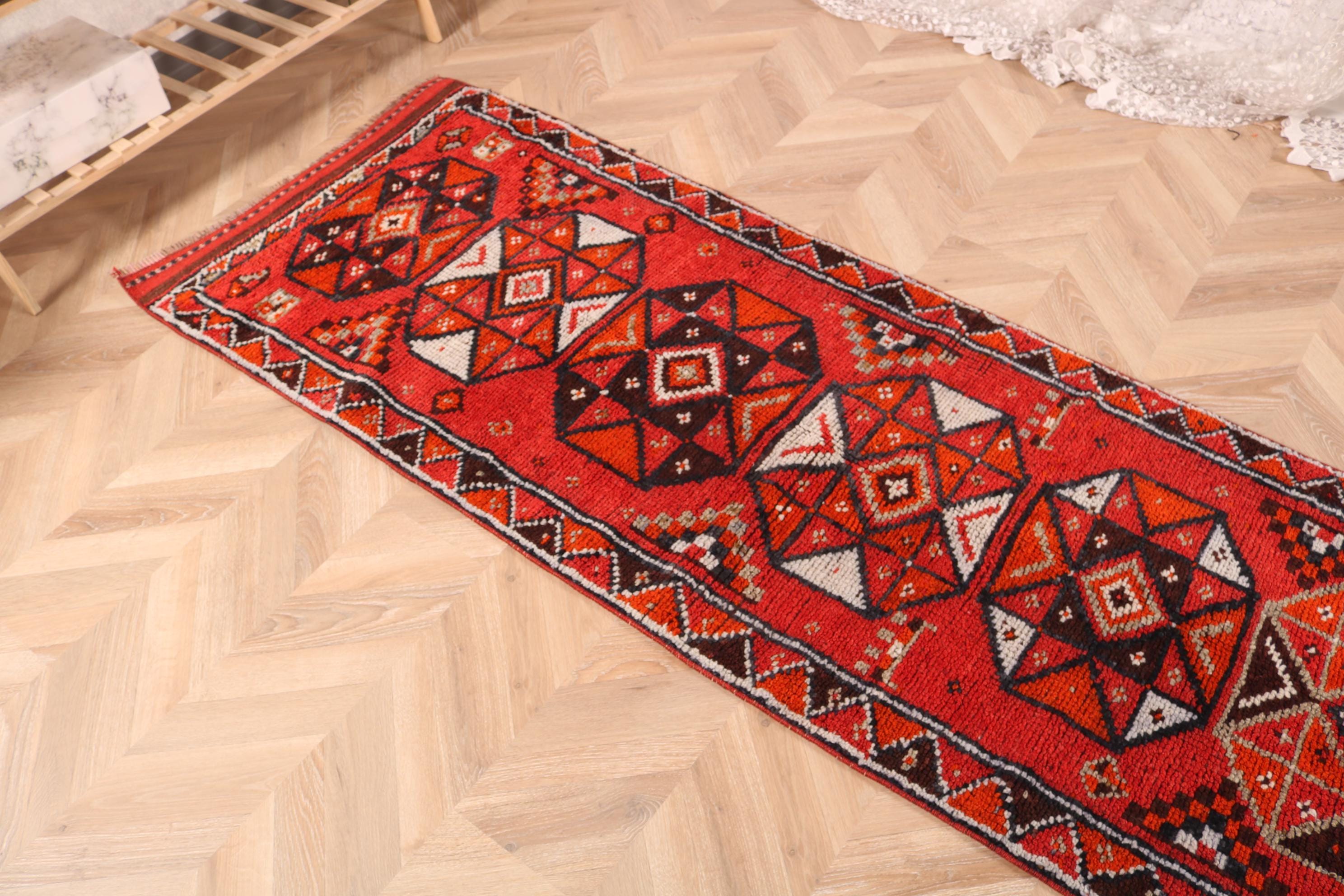 Vintage Turkish Rug 2.4x12.5 Ft (74x382 Cm), Herki Red Striped Rug