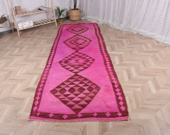 Runner Kilim Vintage Turkish Antique Herki Rugs For Hallway 3.5x11.1 ft Pink Kitchen Handmade Wool Overdyed Neutral Turkish Decorative Aztec
