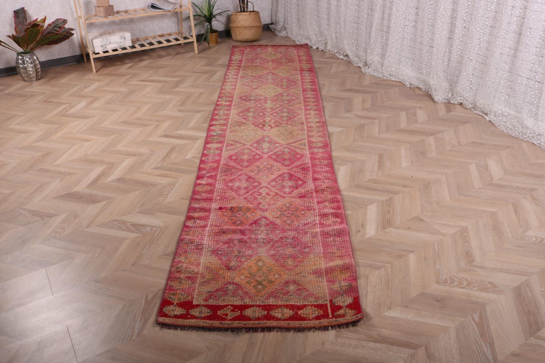 Pink Turkish Rug Pattern Vintage Turkish Runner Rug, Pink Geometric Pattern, 3x11ft, Handmade ...
