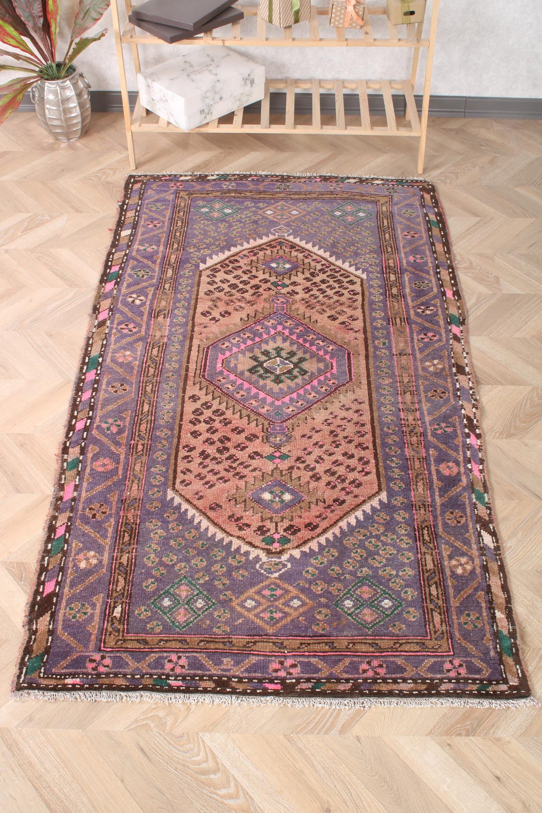Wool Entry Rug 3.4x6.1 Ft Vintage Entry Rug, Bedroom Rug, Purple and Pink Statement ...