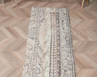 Vintage Turkish Rug, 1.8x4.3 ft Rug, White Brown Oriental Wool Rug