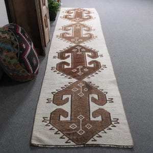 2.7x11.5 ft Runner Rugs, Vintage Rug, Turkish Rug, Herki Rugs, Rugs For Stair, Beige Colorful Rugs, Stair Runner Rug,