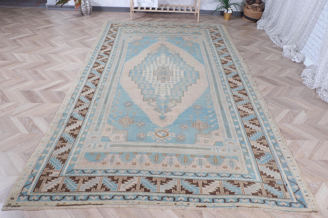 Turkis Rug Vintage Turkish Large Rug 5.8x10.1 Ft (177x308 Cm), Blue Southwestern ...