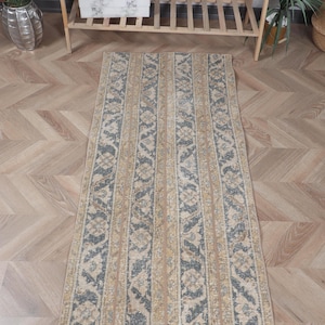 Vintage Rug, 2.3x5.2 ft Small Rug, Brown Patchwork Wool Turkish Rug