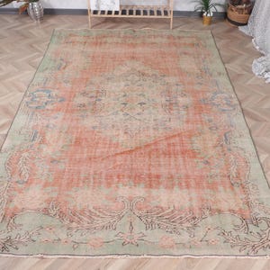 Vintage Rug, Turkish Rug, 6x10 Large Rugs, Faded Oushak Rugs, Rugs For Living Room, 6.3x9.6 ft Orange Rug, Modern Minimalist Wool Rug,