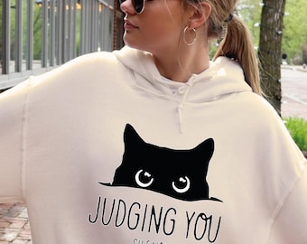 Judging You Silently  Black Cat Hoodie Cat Peeking Womens Funny Hoodie