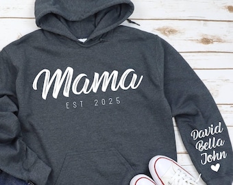 Custom Mama hoodie with Kid Name on Sleeve, Custom Mothers Day Hoodie, Gift for Grandma, Nana Hoodie, Personalized Mimi Est Date Hoodie