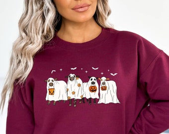 Halloween Ghost Cow Sweatshirt, Ghost Cows Sweatshirt, Cow Lover Gift, Funny Cow Sweatshirt, Bull Sheet Halloween  Fall Sweatshirt for Women