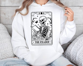 The Reader Tarot Card Hoodie, Skeleton Reading Hoodie, The Reader Hoodie, Funny Tarot Card Hoodie, Book Lover Hoodie,Skeleton Reading Hoodie