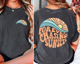 Comfort Colors® Forever Chasing Sunsets Shirt, Summer Shirt, Retro Sunsets Shirt, Girls Trip Shirt,  Family Vacation Gift, Beach Shirt,