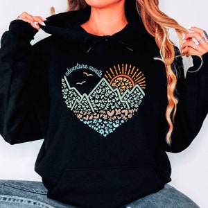Adventure Awaits Hoodie, Mountains Heart Hoodie, Adventure Hoodie, Camping Hoodie, Nature Lover Hoodie, Mountain Hoodie, Hiker  Camping Gift